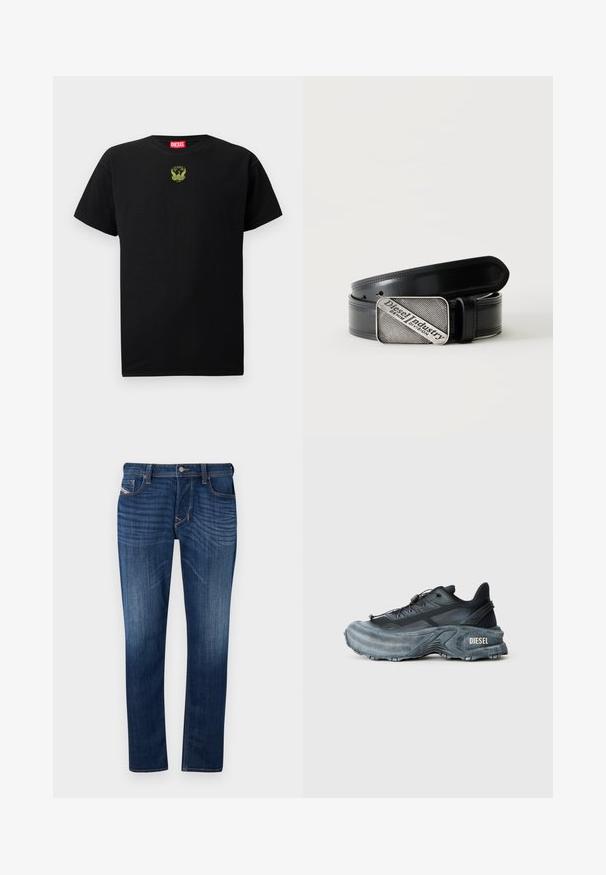 Camiseta de algodón negra de manga corta, con un pequeño logotipo bordado verde en el pecho y un cuello redondo.; Vaqueros de mezclilla de color azul oscuro con corte recto, cuentan con un diseño de cinco bolsillos, costuras visibles y un cierre de botón de metal en la cintura.; Zapatilla Diesel en negro y gris con suela gruesa, cierre de cordón y diseño texturizado sobre un fondo liso de color gris claro.; Cinturón de cuero negro con hebilla rectangular plateada que presenta el texto grabado "Diesel Industry Denim Division" sobre un fondo claro a rayas.
