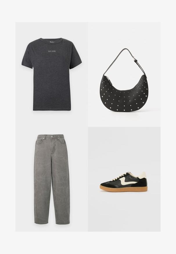 Donkergrijs T-shirt met korte mouwen, met de tekst "PEPE JEANS" in kleine witte letters gecentreerd op de borst en een ronde halslijn.; Grijze denim broek met een relaxte pasvorm, hoge taille, vijf-pocket ontwerp en subtiele vervaging. Voorzien van een ritssluiting en metalen knoopsluiting.; Zwarte suède en leren sneaker met een crèmekleurige zij-swoosh en lichte crèmekleurige hiel. Voorzien van beige veters en een gumrubberen zool.; Zwarte leren handtas met een gebogen vorm, versierd met zilveren studs, voorzien van een ritssluiting en een enkele verstelbare schouderband.