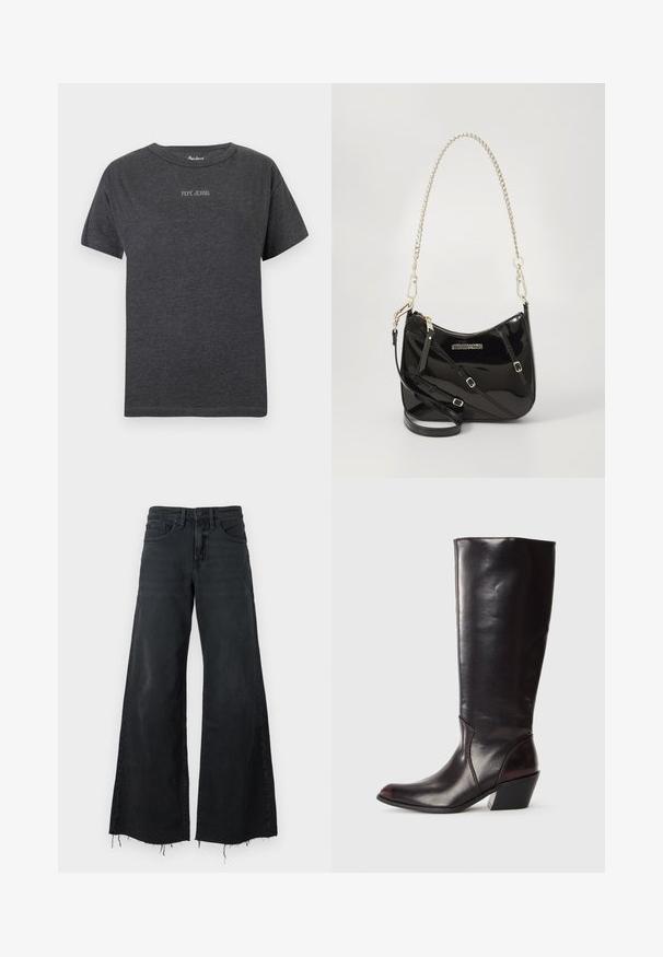 Mørkegrå kortærmet t-shirt med "PEPE JEANS" tekst i små hvide bogstaver centreret på brystet og rund halsudskæring.; Good American GOOD EASE RELAXED - Wide leg - black; Knæhøj, mørkebrun læderstøvle med spids tå, vinkelret blokhæl og en glat, blank overflade. Har et enkelt design og syningsdetaljer.; Sort patentlæder crossbody taske med en buet form, sølv kædestrop, hardware i guld-tone og justerbar skulderstrop.
