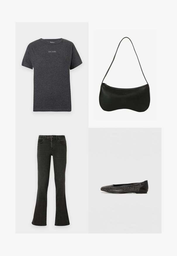 Dunkelgraues T-Shirt mit kurzen Ärmeln, mit dem Text "PEPE JEANS" in kleinen weißen Buchstaben, der auf der Brust zentriert ist, und Rundhalsausschnitt.; Schwarze, ausgestellte Jeans aus Denim. Mit hoher Taille, Fronttaschen und minimalistischem Design. Die Nähte sind entlang der Säume sichtbar.; Schwarzer flacher Schuh mit spitzer Zehe, verziert mit silbernen Ösen im oberen Bereich und einem soliden schwarzen Absatz. Strukturierte Oberfläche.; Schwarze Leder-Schultertasche mit geschwungener Form, Reißverschluss und einem einzigen dünnen Riemen; glatte Textur und dezentes, eingeprägtes Logo-Detail.