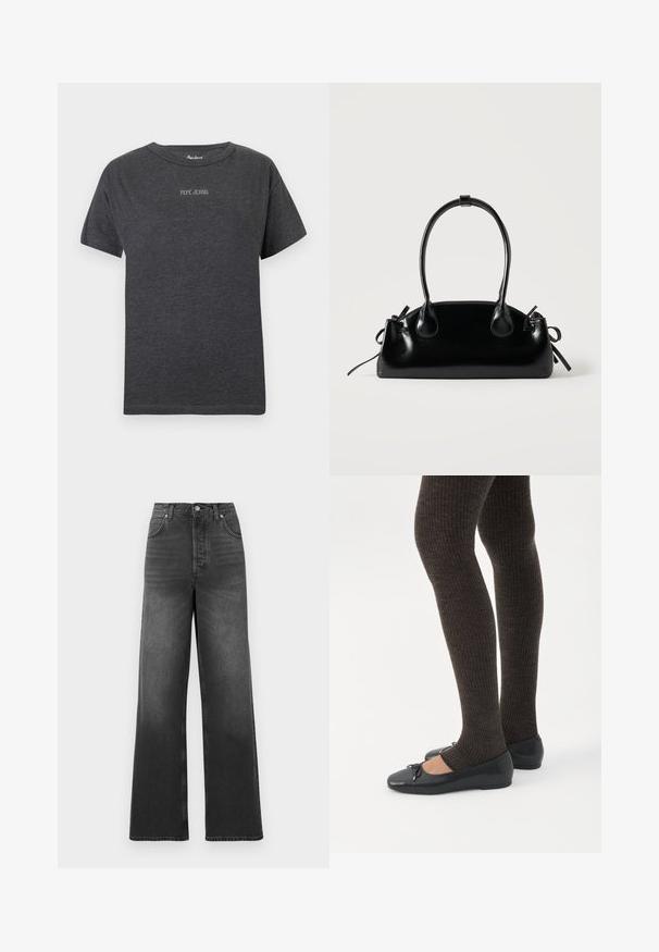Mørkegrå kortærmet t-shirt med "PEPE JEANS" tekst i små hvide bogstaver centreret på brystet og rund halsudskæring.; Højtaljede, vide jeans lavet af mørkegrå denim. Har en klassisk fem-lomme design og stitched kantdetaljer.; Ben iført mørke ribbede leggings kombineret med sorte balletsko med små sløjfedetaljer på hvid baggrund.; Lille sort blank håndtaske med to lange håndtag og snøre-detaljer i siden på en ensfarvet lys baggrund.