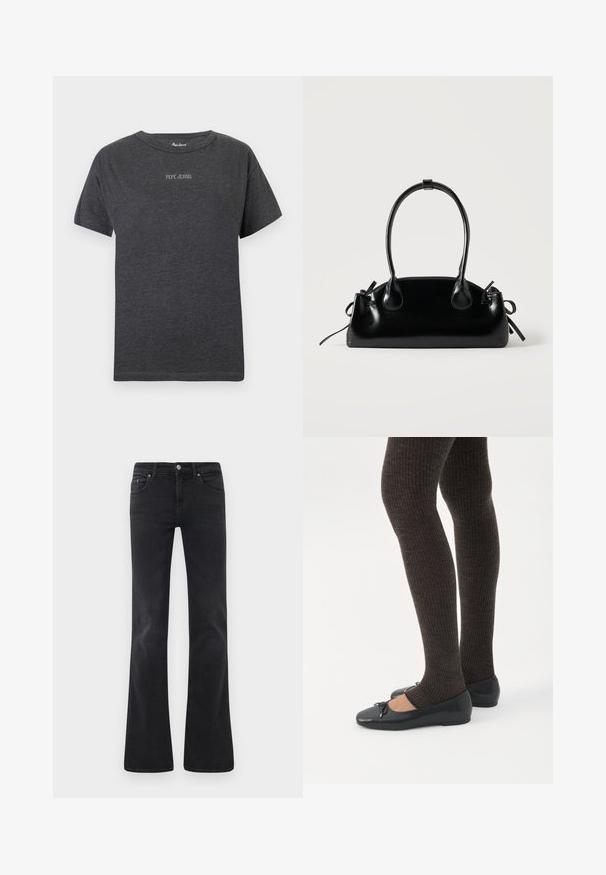Camiseta de manga corta de color gris oscuro con el texto "PEPE JEANS" en letras blancas pequeñas centradas en el pecho y cuello redondo.; Jeans de mezclilla negros acampanados, que cuentan con un diseño clásico de cinco bolsillos, cierre de botón y detalles de costura sutiles.; Piernas con leggings oscuros acanalados combinados con bailarinas negras que presentan pequeños detalles de lazo sobre un fondo blanco.; Pequeño bolso negro brillante con dos asas largas y detalles de cordón lateral sobre un fondo claro liso.