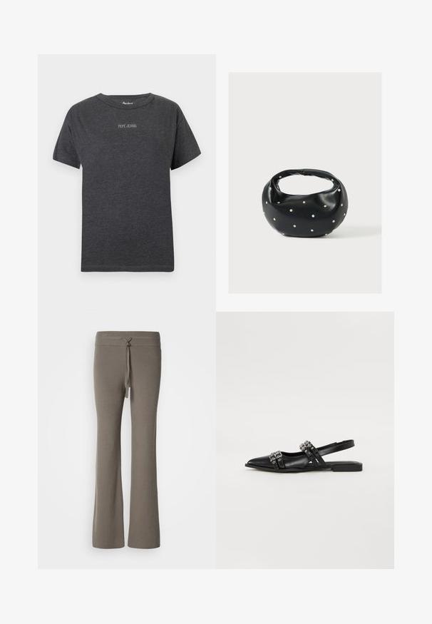 T-paita tummanharmaana, lyhyillä hihoilla, jossa on "PEPE JEANS" -teksti pienillä valkoisilla kirjaimilla keskellä rintaa ja pyöreä kaula-aukko.; Haposeen ribbade byxor i en dämpad taupe-färg, med dragsko i midjan och ett mjukt, texturerat tyg.; Even&Odd Takaa avoimet ballerinat - black; Musta nahkainen käsilaukku, jossa on pyöreä muoto, koristeltu hopeisilla niittikoristeilla ja lyhyt kahva. Sileä pinta ja vetoketjullinen suljenta.