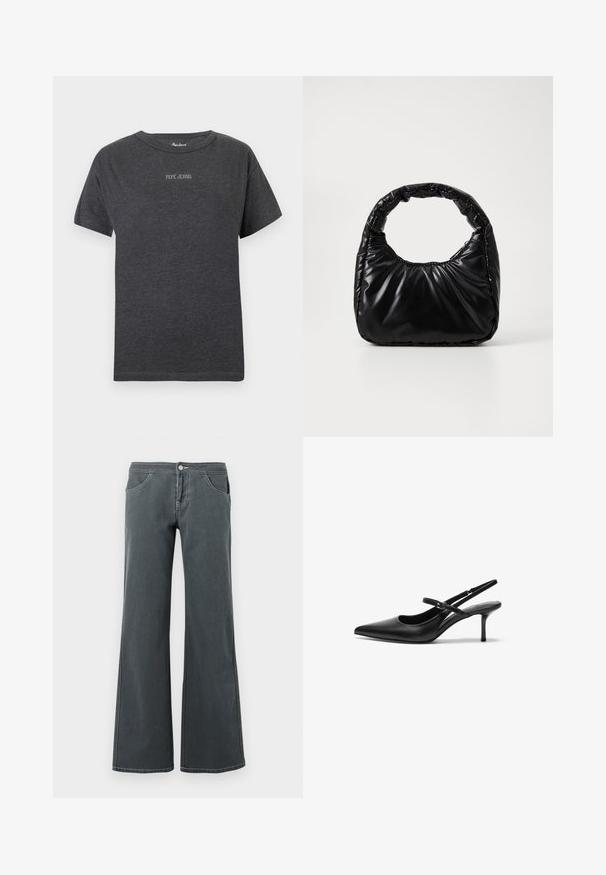 Mørkegrå kortærmet t-shirt med "PEPE JEANS" tekst i små hvide bogstaver centreret på brystet og rund halsudskæring.; Grå jeans med vidde, lavet af denim med en glat tekstur. Funktioner inkluderer en knaplukning, bælteløkker og forlommer.; Sorte læder slingback hæle med spids tå, slank justerbar rem og en stiletto hæl på cirka 5 cm, glat tekstur.; Sort polstret håndtaske med et rundt håndtag, der har en glat, skinnende overflade og en blød, kviltet tekstur. Ingen synlige hardware eller accenter.