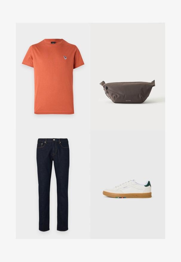Oranje katoenen T-shirt met korte mouwen, ronde hals en een klein, mult Kleuren geborduurd ontwerp op de linkerkant van de borst.; Donkerdenim jeans met een rechte pijpdesign, voorzien van contrasterende stiksels, vijf-pocketstijl en een knoopsluiting in de taille.; Witte leren sneaker met geperforeerd ontwerp, gumrubberen zool, groene hielaccent en kleurrijke streepdetails aan de zijkant.; Donkerbruine stoffen heuptas met diagonale ritssluiting en klein wit logo aan de voorkant, tegen een effen lichte achtergrond.
