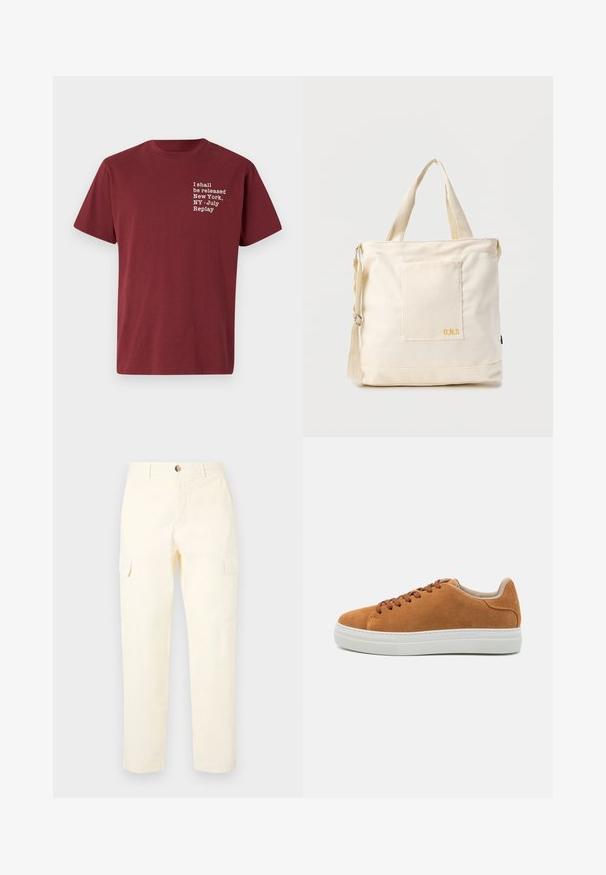 Bordeaux katoenen t-shirt met ronde hals, korte mouwen en witte tekst: "I shall be released New York, NY - July Replay" op de borst.; Lichtgele cargobroek van katoen, voorzien van zijzakken en een recht model, met een knoopsluiting in de taille.; Tanm kleurige suède casual schoenen met bruine veters, een witte rubberen zool, een ronde neus en een minimalistisch ontwerp met een gestructureerde hakaccent.; Crèmekleurige canvas boodschappentas met voorvak, twee handvatten, verstelbare schouderriem en kleine gele "O.N.S" tekst rechtsonder op het vak.