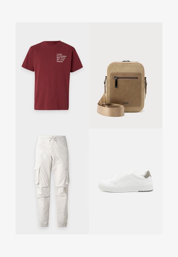 Bordeaux katoenen t-shirt met ronde hals, korte mouwen en witte tekst: "I shall be released New York, NY - July Replay" op de borst.; Lichtbeige cargobroek met een elastische tailleband, koord, zijzakken en taps toelopende boorden. Gemaakt van een soepele, lichte stof.; Witte sneaker van glad leer met een ronde neus, minimalistisch ontwerp, grijze hielaccent en een geplaatste rubberen zool.; Kleine beige crossbodytas met een voorvak met ritssluiting, metalen ALDO-logo, verstelbare brede band en afgeronde rechthoekige vorm op een witte achtergrond.