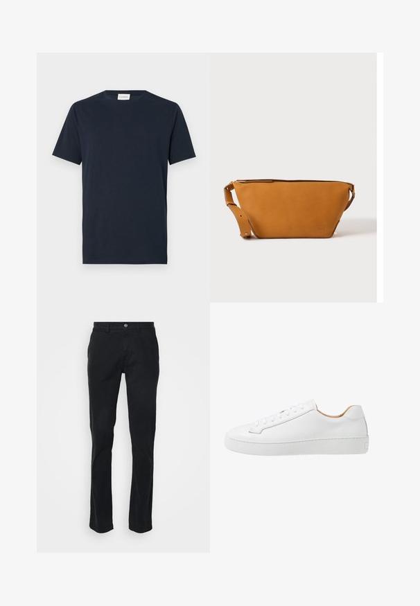 Navyblaue T-Shirt mit kurzen Ärmeln aus weicher Baumwolle. Verfügt über einen Rundhalsausschnitt und ein einfaches, klares Design ohne Muster oder Akzente.; Schwarze Baumwollhosen mit geradem Bein, ausgestattet mit einem Frontknopfverschluss und Gürtelschlaufen. Glatte Textur, minimale Nähdetails.; Weiße Ledersneaker mit glatter Oberfläche, abgerundeter Zehenpartie, flachem Schnürdesign und einer dicken Gummisohle mit strukturiertem Grip-Muster.; Hellbraune Leder-Umhängetasche mit verstellbarem Schulterriemen und Reißverschluss, vor einem schlichten hellen Hintergrund gezeigt.