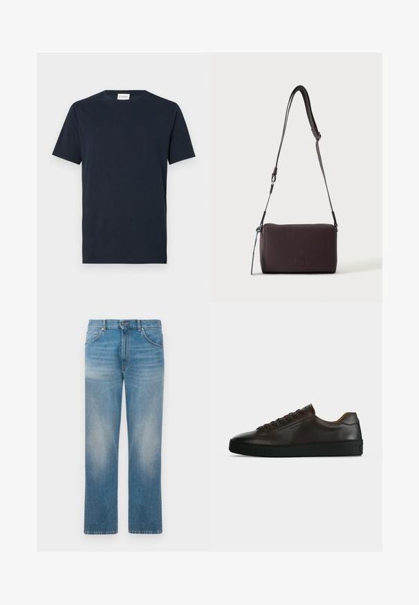 T-shirt à manches courtes bleu marine en coton doux. Il présente un col rond et un design simple et épuré sans motifs ni accents.; Jean en denim bleu à jambes droites avec des zones décolorées sur les cuisses et les genoux, présentant un design classique à cinq poches et une fermeture à bouton.; Baskets basses en cuir marron foncé avec semelle en caoutchouc noire, lacets à l'avant et design minimaliste épuré sur fond clair.; Sac bandoulière en cuir marron foncé texturé avec une sangle réglable et un petit accent décoratif bleu sur le côté.