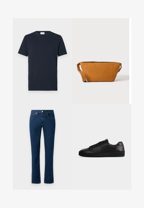 Navyblaue T-Shirt mit kurzen Ärmeln aus weicher Baumwolle. Verfügt über einen Rundhalsausschnitt und ein einfaches, klares Design ohne Muster oder Akzente.; Dunkelblaue Denim-Jeans mit einem schlanken, geraden Bein, klassischem Fünf-Taschen-Design und einem Knopfverschluss am Bund.; Schwarzer flacher Ledersneaker mit schwarzen Schnürsenkeln, strukturierter Gummisohle und kleinem eingeprägtem Logo an der Seite, im Profil vor grauem Hintergrund gezeigt.; Hellbraune Leder-Umhängetasche mit verstellbarem Schulterriemen und Reißverschluss, vor einem schlichten hellen Hintergrund gezeigt.