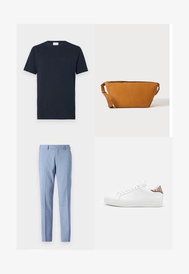 Navy blauwe T-shirt met korte mouwen van zacht katoen. Heeft een rond decolleté en een eenvoudig, strak ontwerp zonder patronen of accenten.; Lichtblauwe op maat gemaakte pantalon met een vlakke voorkant, zijzakken, riemlussen en een rechte pijpsnede op een effen achtergrond.; Witte leren sneaker met een gladde afwerking, voorzien van een kleurrijke gestreepte accent op de hiel, gouden oogjes en een vlakke witte zool.; Lichtbruine leren crossbodytas met verstelbare band en ritssluiting, getoond tegen een effen lichte achtergrond.