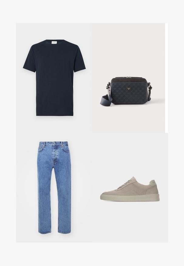 Navy blauwe T-shirt met korte mouwen van zacht katoen. Heeft een rond decolleté en een eenvoudig, strak ontwerp zonder patronen of accenten.; Won Hundred STEVE - Relaxed fit jeans - cut blue; Beige suède sneakers met een gestructureerde afwerking, ronde neus en tonale veters. Voorzien van een dikke rubberen zool en subtiele branding op de hiel.; Rechthoekige donkerblauwe crossbodytas met verstelbare riem, ritssluiting en subtiel logopatroon op het voorpaneel.