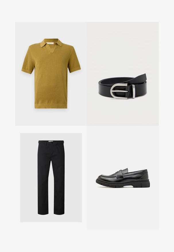 Korte mouwen polo shirt in mosterdgeel, met een textuurbrei, een V-hals kraag en ribgebreide manchetten en zoom.; Zwarte rechte broek met riemlussen en een knoopsluiting in de taille, weergegeven op een effen lichte achtergrond.; Zwarte leren instapper met een brede band over de voet, rubberen zool met dikke noppen en een gladde textuur. Klassiek, strak ontwerp.; Zwarte leren riem met een gladde textuur, voorzien van een zilveren metalen gesp en een klassieke rechthoekige vorm.