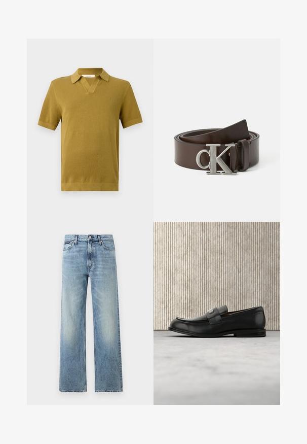 Kurzärmliges Polo-Shirt in Senfgelb, mit strukturiertem Strick, V-Ausschnitt und gerippten Bündchen und Saum.; Hellblaue Jeans mit geradem Bein, hohem Bund, fünf Taschen, Knopfverschluss und dezentem Verblassen an Oberschenkeln und Knien.; Schwarzer Lederloafer mit einer Metallmarkenplatte, der nahe einem braunen runden Tisch auf beigem Teppichboden ruht.; Brauner Ledergürtel mit glänzender Oberfläche, ausgestattet mit einer silberfarbenen CK-Schließe, die kreisförmige und rechteckige Designelemente aufweist.