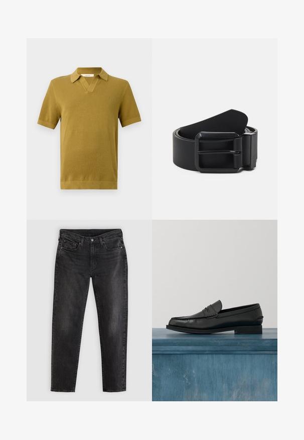 Korte mouwen polo shirt in mosterdgeel, met een textuurbrei, een V-hals kraag en ribgebreide manchetten en zoom.; Zwarte jeans met rechte pijpen, knoopsluiting, voorzakken en een tailleband met lussen, plat weergegeven op een lichtgrijze achtergrond.; Zwarte leren loafers met een strak ontwerp, voorzien van een gestikte neus en een gladde afwerking. De schoen heeft een lage hak en minimale details.; Zwarte leren riem met een matte zwarte metalen gesp, met een vlak, glad oppervlak en een taps toelopend einde. Eenvoudig ontwerp zonder versieringen.