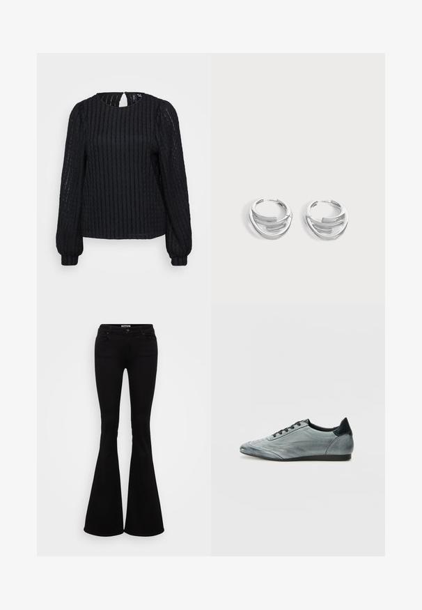 Blusa negra de manga larga con textura, cuello redondo, sutil detalle de abertura en la parte posterior y puños ajustados.; Pantalones vaqueros negros de campana, confeccionados en denim elástico, con una cintura ajustada, bolsillos delanteros y traseros, y un cierre de botón en la cintura.; Zapatilla de cuero gris claro con un diseño elegante, que presenta detalles cosidos, cordones negros y un acento en el talón oscuro. Suela de goma.; Par de pendientes de aro plateados pulidos con diseño de barra curva en capas sobre un fondo claro y liso.