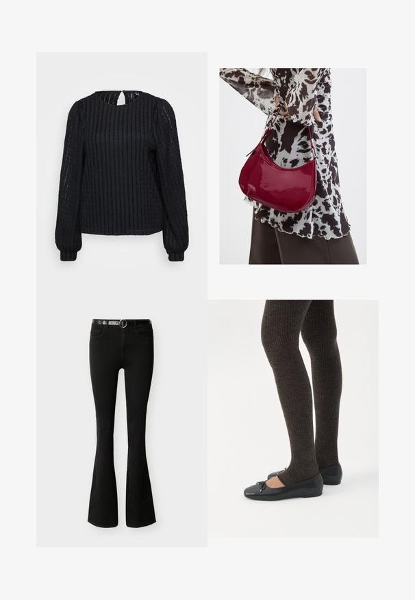 Blusa negra de manga larga con textura, cuello redondo, sutil detalle de abertura en la parte posterior y puños ajustados.; Vaqueros negros de talle alto con pata de campana, cinco bolsillos y un cinturón negro con una hebilla redonda plateada.; Piernas con leggings oscuros acanalados combinados con bailarinas negras que presentan pequeños detalles de lazo sobre un fondo blanco.; Mujer con blusa de estampado en blanco y negro sosteniendo un bolso de hombro rojo brillante sobre un fondo liso.