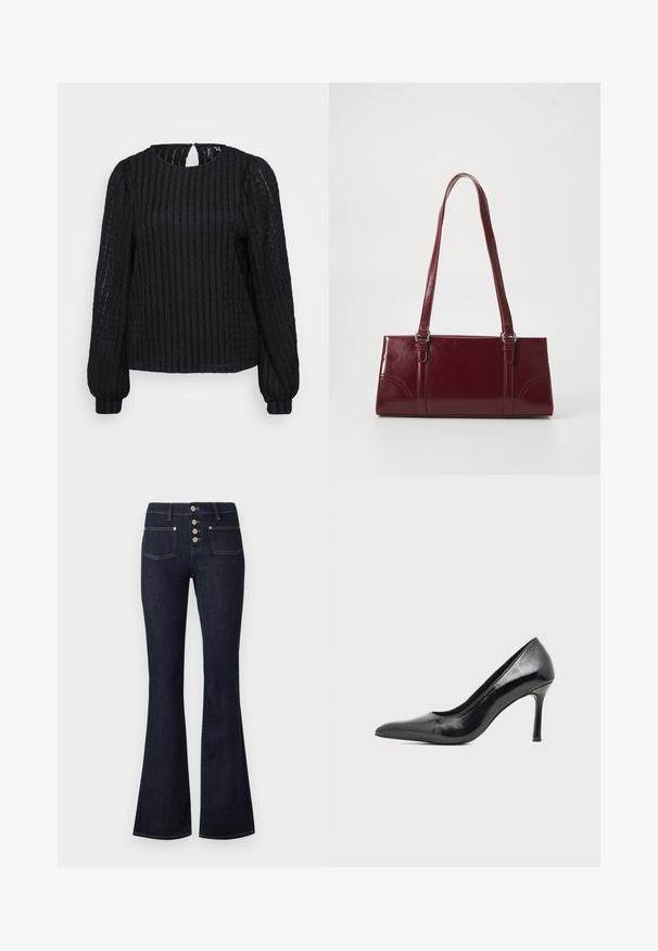Zwarte geribbelde blouse met lange mouwen en een ronde halslijn, gestructureerde stof, subtiele sleutelgat-detail aan de achterkant en aangesloten manchetten.; Donkerblauwe high-waist flared jeans met knoopsluiting aan de voorkant, twee voorzakken en gele stiksels op een lichte achtergrond.; Zwarte lakleren damesschoen met hoge hak, puntige neus en smalle hak op een effen lichte achtergrond.; Bourgondische handtas van glanzend materiaal, rechthoekige vorm, met twee schouderbanden en subtiele gebogen accenten aan de voorkant.