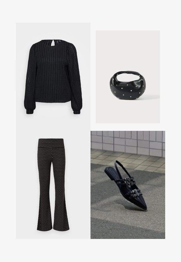 Blusa negra de manga larga con textura, cuello redondo, sutil detalle de abertura en la parte posterior y puños ajustados.; Pantalones negros acampanados con pequeños lunares blancos, que cuentan con una cintura alta y ancha y aberturas laterales en los bajos.; Sandalia plana negra de punta afilada con varias correas con hebillas y talón descubierto, situada sobre una superficie pavimentada y con un fondo de muro de azulejos.; Bolso de mano de cuero negro con forma redondeada, decorado con detalles de tachuelas plateadas y un asa corta. Textura lisa y cierre con cremallera.