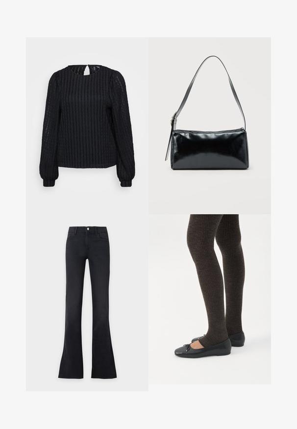 Blusa negra de manga larga con textura, cuello redondo, sutil detalle de abertura en la parte posterior y puños ajustados.; Vaqueros negros de talle alto acampanados con botón frontal y bolsillos, mostrados sobre un fondo claro y sencillo.; Piernas con leggings oscuros acanalados combinados con bailarinas negras que presentan pequeños detalles de lazo sobre un fondo blanco.; Bolso de hombro rectangular negro con una correa ajustable y un cierre de cremallera superior sobre un fondo liso.