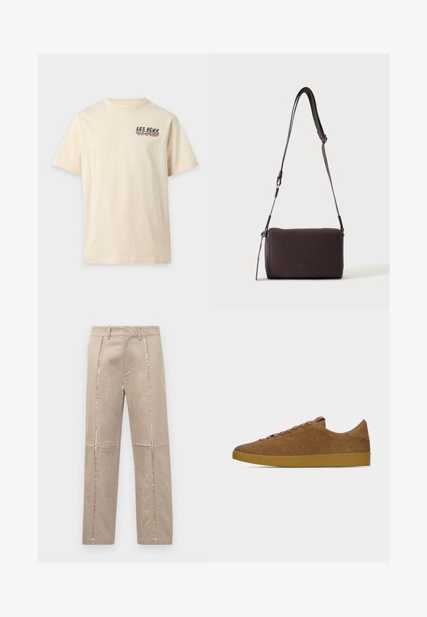 T-shirt beige à manches courtes avec col rond et petit texte noir et rouge indiquant "LES DEUX OFFICIAL HOME COURT" sur la partie supérieure gauche de la poitrine.; Pantalons beiges à coupe droite, avec des rayures latérales en sequins or rose et de subtils détails cousus sur les jambes.; Baskets basses en daim marron avec lacets assortis et semelle en caoutchouc gomme, présentées en profil gauche sur un fond gris clair uni.; Sac bandoulière en cuir marron foncé texturé avec une sangle réglable et un petit accent décoratif bleu sur le côté.
