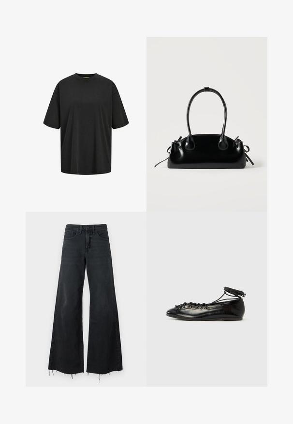 Must musta T-särk, mis on valmistatud puuvillast, ümarate kaelustega ja lühikeste varrukatega. Sile tekstuur, minimaalsed õmblusdetailid.; Good American GOOD EASE RELAXED - Wide leg - black; Mustad lakknahast baleriinakingad ümarate varvastega, paelaga kinnitatavad ja madala tallaga. Sile tekstuur, vähese kujundusega.; Väike must läikiv käekott kahe pika sangaga ja külgedel paelakinnitustega, ühel lihtsal helel taustal.