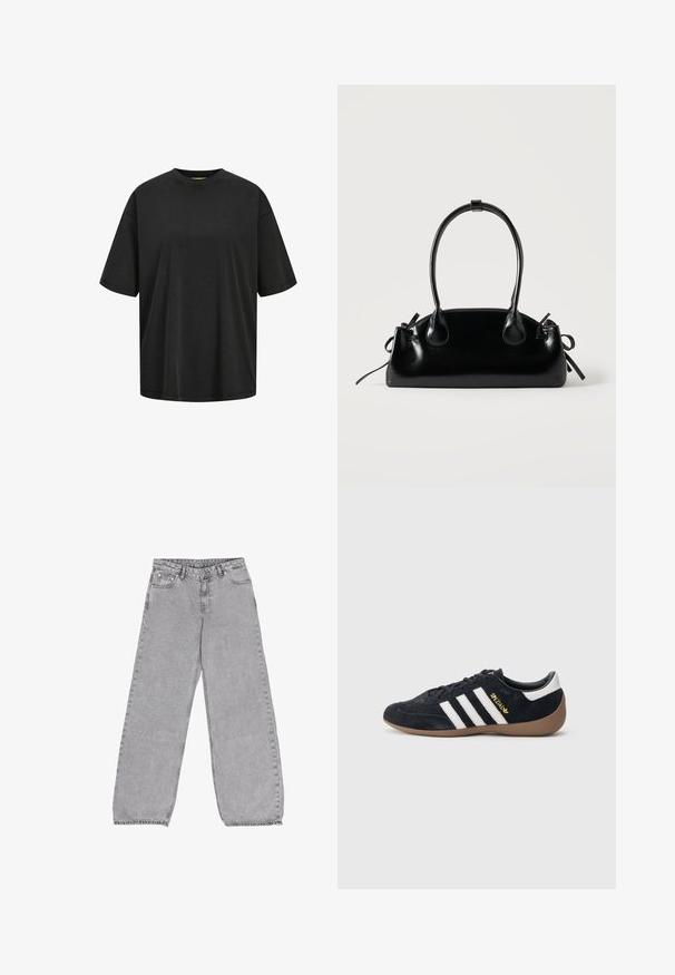 Sort oversized T-shirt lavet af bomuld, med rund halsudskæring og korte ærmer. Glat tekstur med minimale syninger.; Grå brede jeans lavet af denim, med et klassisk fem-lomme design og høj talje, samt subtile falmninger og sy-detaljer.; Sort ruskindssneaker med tre hvide striber, gummisål og et lille gyldent logo på siden. Har en glat sort foring indvendigt.; Lille sort blank håndtaske med to lange håndtag og snøre-detaljer i siden på en ensfarvet lys baggrund.