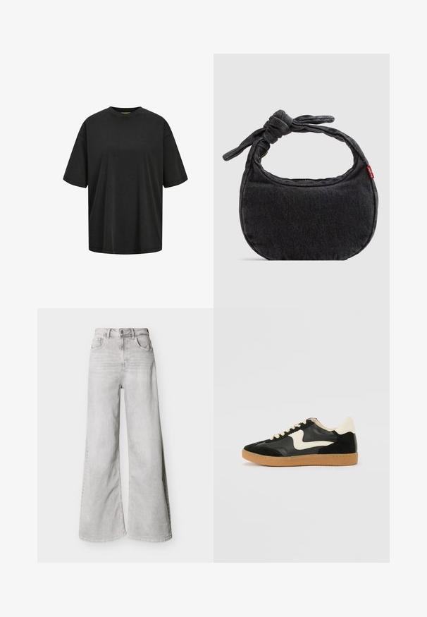 Sort oversized T-shirt lavet af bomuld, med rund halsudskæring og korte ærmer. Glat tekstur med minimale syninger.; Lysegrå jeans med vid ben lavet af denim, med høj talje, forlommer og knaplukning. Glat tekstur med et diskret falmet look.; Sorte ruskinds- og lædersneakers med en cremefarvet side-swoosh og lys cremefarvet hæl. Har beige snørebånd og en gummirubber-sål.; Lille sort denim skuldertaske med knyttet rem og lynlåslukning, med en rød Levi's stofetiket på siden.