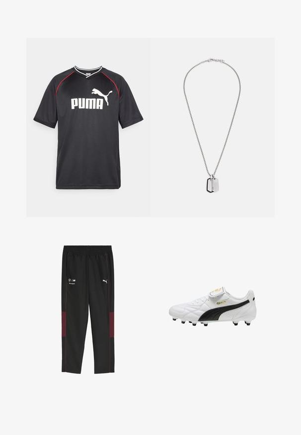 Sort Puma sportstrøje med korte ærmer, hvidt logo, røde detaljer langs skuldrene og v-udskæring. Fremstillet af letvægtsmateriale.; Sorte træningsbukser med elastisk talje. Udstyret med bordeauxfarvede sidelister og logos: BMW Motorsport og Puma i hvid. Glat tekstur.; Hvid fodboldstøvle med sort stribe, støbte knopper, snørebånd og en velcro-tungeklap med gyldne logoer.; Sølvtonet kæde halskæde med to hundetags-vedhæng, det ene med en sort kant og tekstureret overflade, det andet glat og metallisk.