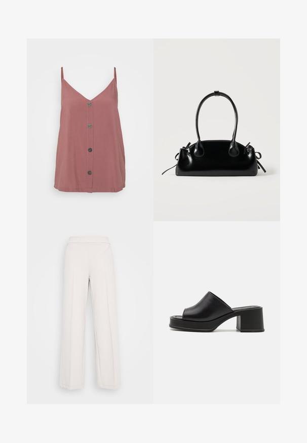 Camisole rose, avec un décolleté en V, des fines bretelles et une fermeture à boutons sur le devant avec cinq boutons ronds sombres. Texture lisse.; Pantalons larges beige clair en tissu doux, dotés d'une taille lisse et de coutures visibles sur le devant.; Mules à plateforme en cuir noir avec un bout ouvert rond, un petit talon carré et une texture lisse. Design minimaliste avec des lignes épurées.; Petit sac à main noir brillant avec deux longues anses et des détails à cordon sur les côtés sur un fond clair uni.
