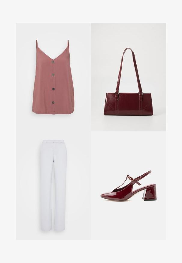 Camisole rose, avec un décolleté en V, des fines bretelles et une fermeture à boutons sur le devant avec cinq boutons ronds sombres. Texture lisse.; Pantalon gris clair avec une coupe droite, en tissu lisse, doté d'un devant plat, d'une taille et sans embellissements visibles.; Chaussure slingback femme bordeaux brillante avec talon bloc, bout pointu et bride en T avec boucle dorée.; Sac à main bordeaux en matériau brillant, de forme rectangulaire, avec deux anses et des accents légèrement courbés à l'avant.