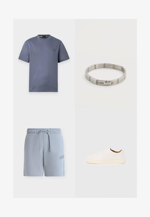 T-shirt bleu-gris uni à manches courtes, col rond et petit logo circulaire sur le côté gauche de la poitrine.; Shorts bleu clair avec ceinture élastique, cordon de serrage, poches latérales et petit écusson sur la jambe droite sur fond uni.; Baskets blanches basses avec un design à lacets, des détails de couture minimalistes, et une semelle couleur crème sur un fond gris clair.; Bracelet à maillons métalliques argentés avec fermoir gravé "BOSS", disposé en forme circulaire sur un fond clair uni.