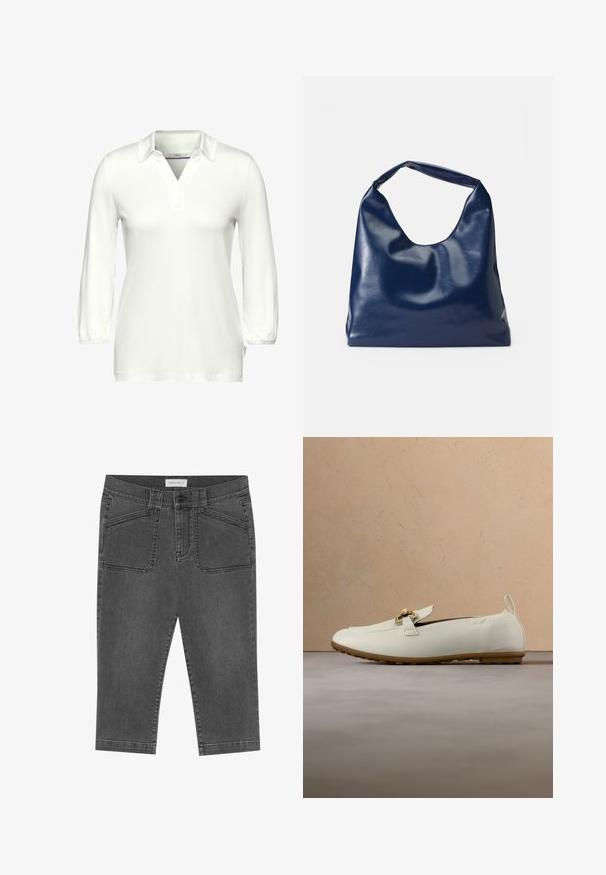 Langærmet hvid polo-shirt lavet af blødt stof, med V-hals og en stolpe. Samlede manchetter og et mærke på siden.; Grå denim capri-bukser med en tætsiddende design, der har frontlommer, knaplukning og en let slidt tekstur.; Kremfarvede læderloafer med guldbeslag og gummisål, placeret på et tekstureret beige tæppe med et sofabord i træ og bøger i baggrunden.; Marineblå kunstlæder skuldertaske med en blød, blank overflade, rund form og et enkelt, bredt håndtag for nem bæring.