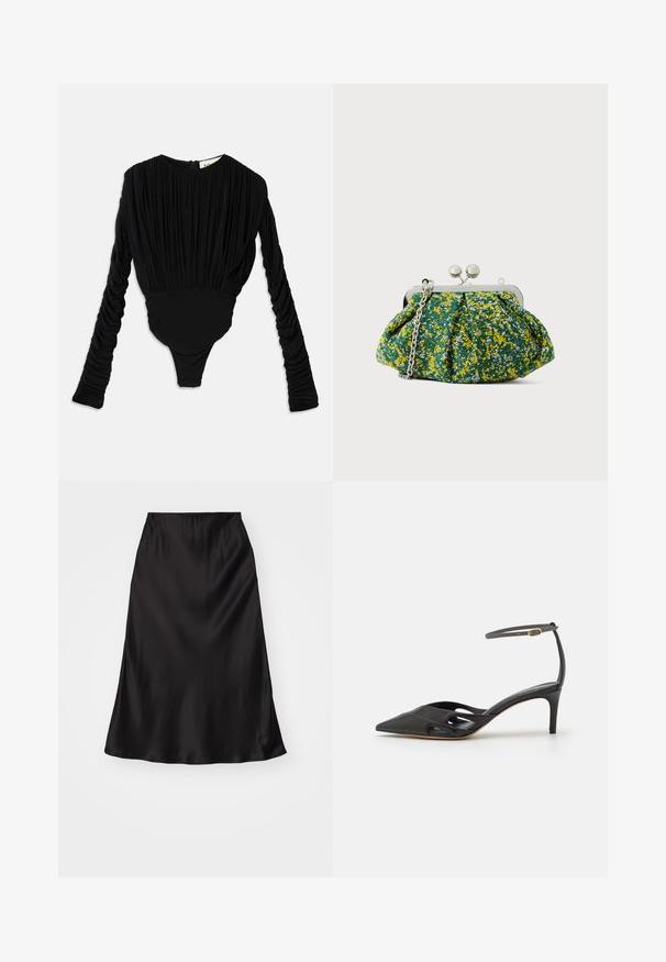 Sort bodysuit med lange rynkede ærmer, rund halsudskæring og et tætsiddende underdel. Lavet af glat stof med plisserede detaljer.; Sort satin glat nederskirt med en glat tekstur, flagrende form og elastisk talje. Minimalistisk design uden yderligere mønstre eller accenter.; Sort læder højhælet sko med spids tå, åbne sider og en tynd ankelrem med en lille guld detalje.; Clutchtaske i grønt stof med gult og blåt blomstermønster, sølvfarvet metalramme og kæderem. Plisseret design tilføjer tekstur.