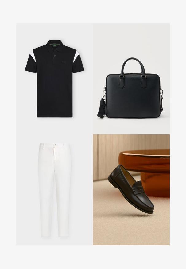 Polo noir à manches courtes avec col, deux boutons, accents blancs aux épaules et logo "BOSS" sur la poitrine gauche.; Pantalon blanc taille haute à jambes droites avec passants de ceinture, fermeture par bouton et braguette zippée sur un fond uni gris clair.; Chaussure mocassin en cuir noir suspendue au-dessus d’un tapis beige avec du mobilier moderne couleur ambre en arrière-plan.; Portefeuille en cuir noir texturé avec deux poignées et une bandoulière détachable, doté d'une fermeture éclair argentée et de ferrures métalliques.
