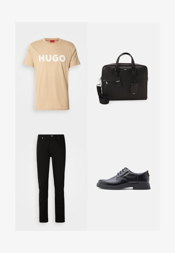 Camiseta de algodón beige con cuello redondo, mangas cortas y un prominente logo blanco "HUGO" en el frente. Textura suave, diseño casual.; Vaqueros negros de corte recto con cierre frontal de botón y cremallera, bolsillos delanteros y traseros, mostrados sobre un fondo claro y liso.; Zapatos de piel negra con cordones, textura lisa, puntera redondeada y detalles sutiles de costura. Cuentan con una lengüeta roja en el talón.; Bolsa para portátil negra con una superficie texturizada, dos asas, correa desmontable y herrajes metálicos. Cuenta con dos etiquetas y un diseño estructurado.