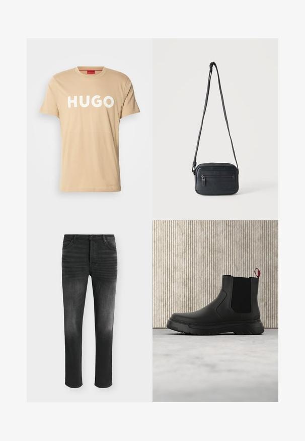 Béžové bavlnené tričko s okrúhlym výstrihom, krátkymi rukávmi a výrazným bielym logom "HUGO" na prednej strane. Hladká textúra, ležérny dizajn.; Čierne skinny džíny s vyblednutými detailmi, štýl s piatimi vreckami a zapínaním na gombík v páse.; Čierne členkové topánky s hladkým povrchom, elastickými bočnými panelmi a kontrastným červeným poutkom, vybavené hrubou gumovou podrážkou a zaoblenou špičkou.; Čierna kabelka crossbody s predným vreckom na zips, textúrovaným povrchom a nastaviteľným popruhom visiaca na jednoduchom svetlom pozadí.