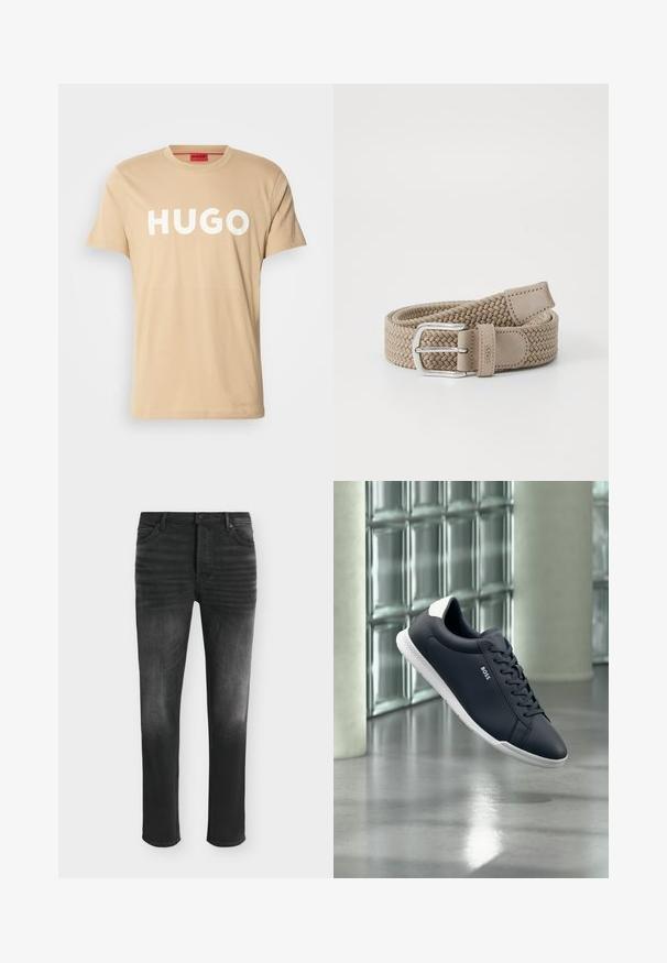 Camiseta de algodón beige con cuello redondo, mangas cortas y un prominente logo blanco "HUGO" en el frente. Textura suave, diseño casual.; Vaqueros negros de corte ajustado con detalles desgastados, estilo de cinco bolsillos y cierre con botón en la cintura.; Zapatilla deportiva de cuero negro con suela blanca y lengüeta en el talón, logotipo de la marca "BOSS" en el lateral, mostrada flotando frente a un fondo de bloque de vidrio y hormigón.; Cinturón de tela trenzada beige con una hebilla plateada mate, acentos de cuero y detalles de costura. Diseño flexible con un ajuste ajustable.
