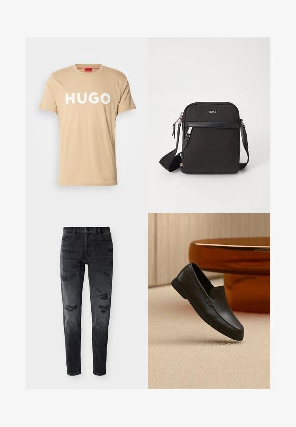 Beige katoenen T-shirt met een ronde hals, korte mouwen en een prominent wit "HUGO" logo aan de voorkant. Soepele textuur, casual ontwerp.; Zwarte distressed skinny jeans met knopen aan de voorkant, riemlussen en versleten plekken op de dijen en knieën tegen een witte achtergrond.; Zwarte leren instaploafer getoond op een beige tapijt naast een gebogen amberkleurige glazen tafel in een kamer met neutrale tinten.; Zwarte schoudertas van textuurstof, met logo aan de voorkant, ritssluiting en verstelbare schouderband. Voorzien van een gladde leren rand.