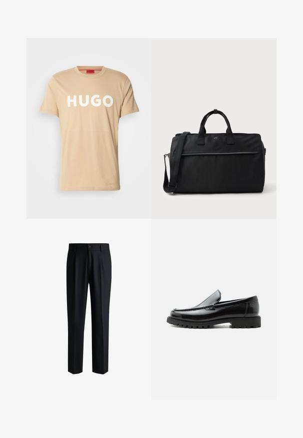Camiseta de algodón beige con cuello redondo, mangas cortas y un prominente logo blanco "HUGO" en el frente. Textura suave, diseño casual.; Pantalones negros de tela suave, con un diseño de pierna recta, pliegues en la parte delantera y cierre de botón con trabillas para cinturón.; Mocasín de cuero negro con suela de goma gruesa, empeine cosido y nombre de la marca en relieve en el talón, mostrado en perfil lateral sobre fondo blanco.; Bolsa de viaje rectangular negra con asas dobles, correa de hombro ajustable, bolsillo delantero con cremallera y pequeño logo "BOSS" en la parte frontal.