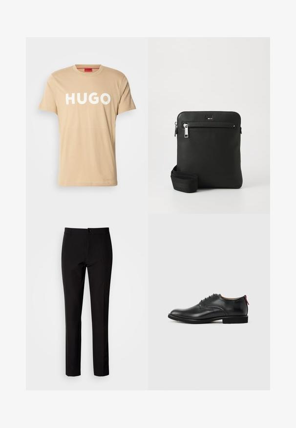 Beige katoenen T-shirt met een ronde hals, korte mouwen en een prominent wit "HUGO" logo aan de voorkant. Soepele textuur, casual ontwerp.; Zwarte broek van gladde stof, met rechte pijpen, een sluiting met knopen aan de voorkant en subtiele zijzakken. Eenvoudige en op maat gemaakte uitstraling.; Zwarte leren herenschoen met vetersluiting en rood trekfolie op de hiel tegen een effen achtergrond.; Zwarte leren crossbodytas met een plat ontwerp, een gestructureerd oppervlak, ritssluiting, voorvak en een verstelbare stoffen riem.