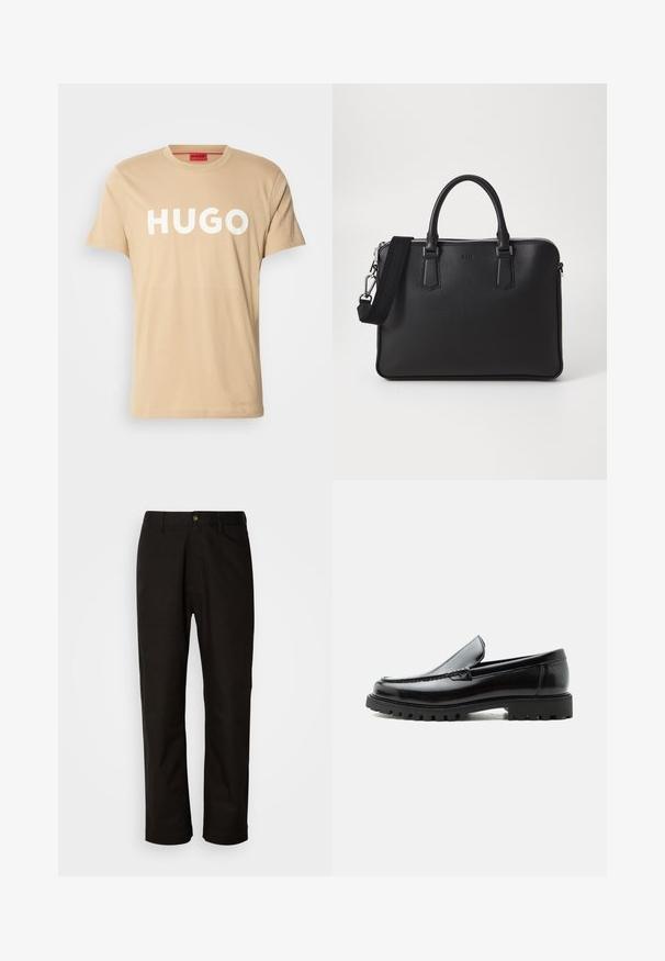 Beige katoenen T-shirt met een ronde hals, korte mouwen en een prominent wit "HUGO" logo aan de voorkant. Soepele textuur, casual ontwerp.; Zwarte katoenen broek met een rechte snit, riemlussen, een ritssluiting aan de voorkant en een enkele knoopsluiting. Soepele textuur zonder zichtbare patronen.; Zwarte leren loafer met dikke rubberen zool, gestikte bovenkant en gegraveerde merknaam op de hiel, zijaanzicht op witte achtergrond.; Zwarte leren tas met een gestructureerd oppervlak, dubbele handgrepen en een afneembare schouderriem. Bevat zilveren ritsen en minimalistische ontwerpelementen.
