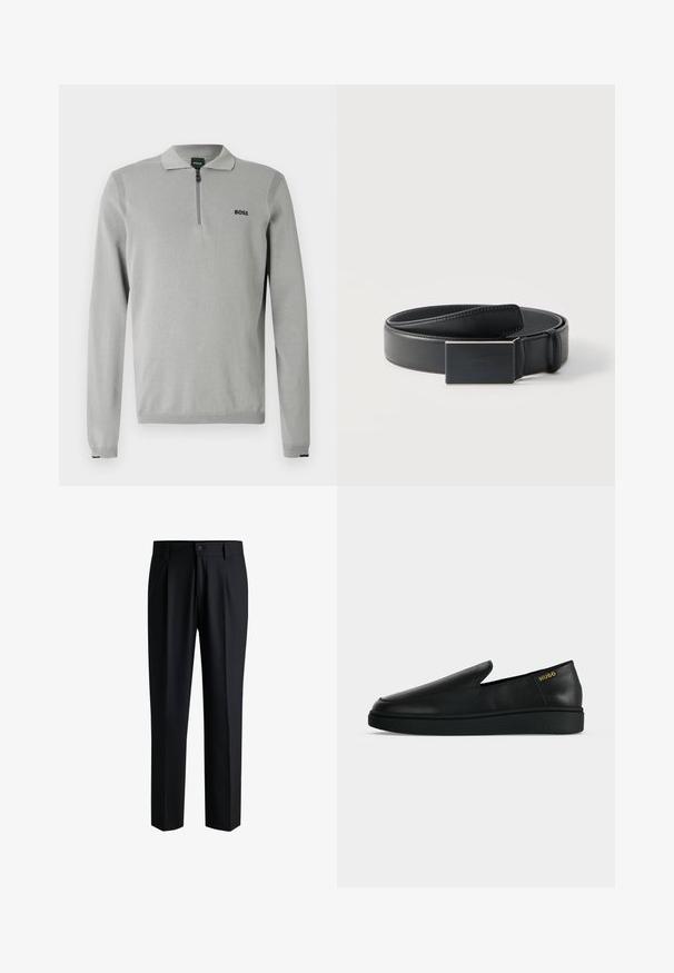 Pull-over gris avec col zippé, présentant des accents côtelés sur les épaules et les poignets. Comprend un petit logo noir "BOSS" sur la poitrine.; Pantalons noirs en tissu lisse, avec une coupe droite, des plis à l'avant et une fermeture à bouton avec passants de ceinture.; Chaussure noire en cuir à enfiler avec semelle épaisse et marquage "HUGO" en or près du talon sur un fond uni gris clair.; Ceinture en cuir noir enroulée avec une boucle noire mate rectangulaire et un logo embossé discret sur fond blanc.