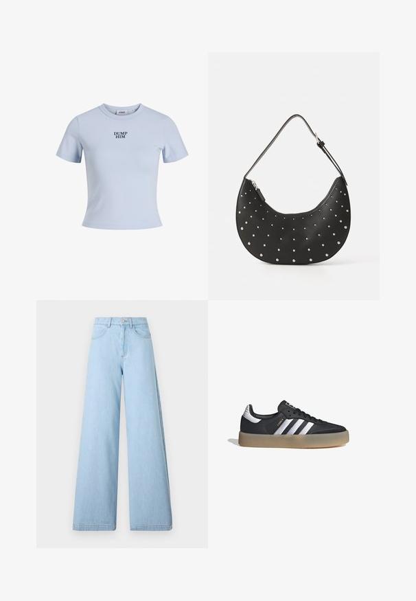 Camiseta de manga corta azul claro hecha de tela suave. Presenta un cuello redondo y el texto "DUMP HIM" impreso en negrita color marino.; Jeans de pernera ancha de color azul claro, hechos de tela vaquera, con una cintura alta, bolsillos frontales y dobladillos limpios con un detalle de costura mínimo.; Zapatilla deportiva de cuero negro con tres rayas plateadas, punta texturizada y suela de goma. Cuenta con un collar acolchado y un diseño con cordones.; Bolso de mano de cuero negro con forma curva, adornado con tachuelas plateadas, cuenta con cierre de cremallera y una sola correa ajustable.