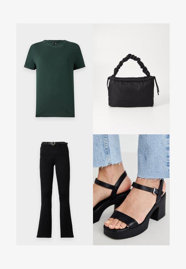 Camiseta de manga corta verde oscura con cuello redondo, hecha de un tejido suave y liso. Presenta puños enrollados y un corte relajado.; Pantalones vaqueros acampanados negros de mezclilla, con cintura ajustada, bolsillos frontales y cinturón con hebilla plateada. La tela tiene una textura suave.; ALDO CELIE - Sandalias de tacón - black; Bolso negro hecho de tela suave y lisa. Presenta un asa fruncida y cierre con cordón, con forma rectangular y sin herrajes visibles.