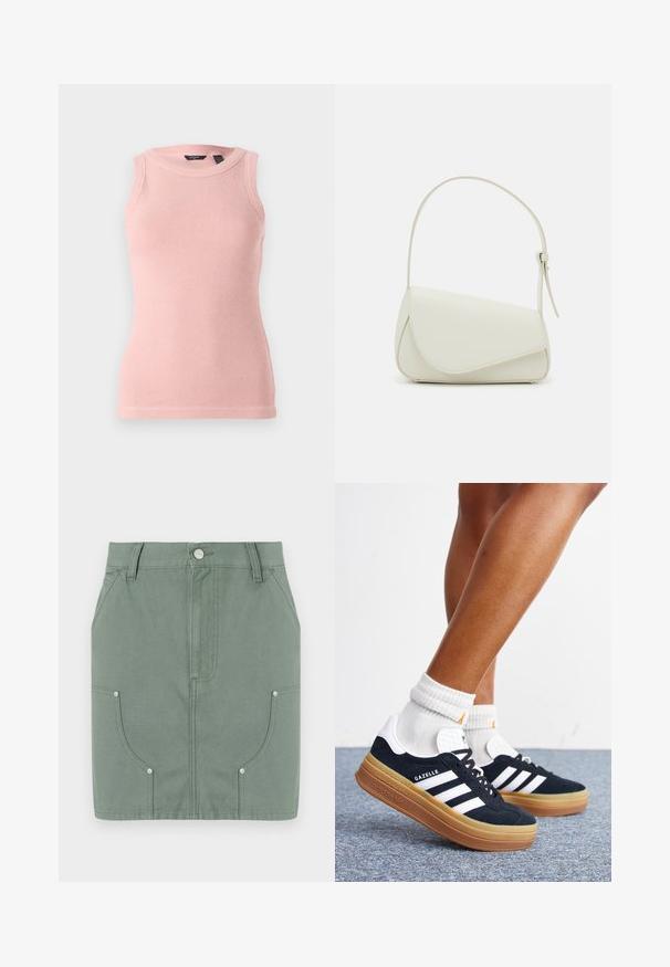 Débardeur en tricot léger rose clair sans manches avec un motif texturé, encolure ronde et bords côtelés. Design simple et ajusté.; Jupe en coton vert avec un design ajusté, dotée de poches avant, d'une texture lisse et de détails en métal sur les poches.; Jambes portant des chaussettes blanches et des baskets Adidas Gazelle noires avec des bandes blanches et des semelles épaisses marron sur un sol recouvert de moquette grise.; Sac à main en cuir synthétique blanc avec une forme triangulaire structurée, une bandoulière unique réglable et un rabat à courbes accentuées.