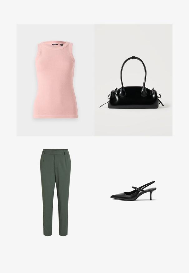 Débardeur en tricot léger rose clair sans manches avec un motif texturé, encolure ronde et bords côtelés. Design simple et ajusté.; Pantalons vert foncé ajustés avec une taille plate, fabriqués à partir d'un tissu lisse, avec des plis avant et une finition épurée au niveau de la cheville.; Talons aiguilles noires en cuir avec un bout pointu, une fine bride réglable, et un talon aiguille d'environ 5 cm, texture lisse.; Petit sac à main noir brillant avec deux longues anses et des détails à cordon sur les côtés sur un fond clair uni.