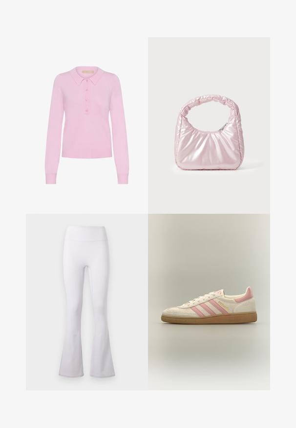 Roze gebreide lange mouw polo trui met een kraag, voorzien van een knoopsluiting met vijf knopen en een ribgebreide zoom. Zachte textuur, aansluitend ontwerp.; Witte high-waist yogabroek met uitlopende pijpen en gladde stof op een effen lichte achtergrond.; Low-top Adidas sneaker met crèmekleurig suède, roze strepen en hieltab, gumzool en gouden "Spezial"-lettering aan de zijkant.; Roze, gevoerde handtas met een afgeronde vorm, gemaakt van glanzend materiaal. Beschikt over een geplooide handgreep en een ritssluiting voor veilige toegang.