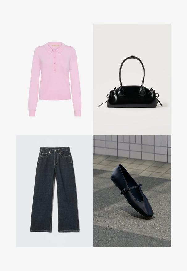 Rosa strikket langærmet polo sweater med krave, der har en fem-knaps placket og ribbet kant. Blød tekstur, tætsiddende design.; Mørkeblå jeans med vide ben, foran med knapper, lynlås, bæltestropper og fem-lomme detalje på en ensfarvet lys baggrund.; Sort læder Mary Jane flad sko med en lille spænde rem, placeret på en grå asfalt overflade nær en flisebelagt væg.; Lille sort blank håndtaske med to lange håndtag og snøre-detaljer i siden på en ensfarvet lys baggrund.