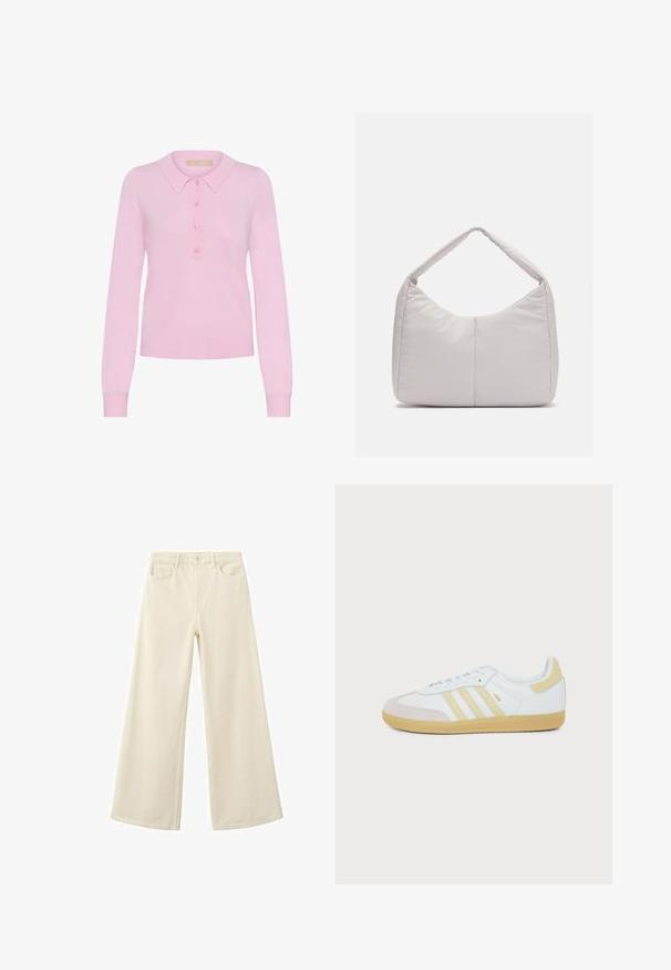 Rosa strikket langærmet polo sweater med krave, der har en fem-knaps placket og ribbet kant. Blød tekstur, tætsiddende design.; Beige jeans med brede ben, forrest med knap og lynlås, to forlommer og bæltestropper, vist mod en hvid baggrund.; Hvid Adidas Samba sneaker med beige ruskinddetaljer, tre teksturerede striber og gummsål set fra siden på en hvid baggrund.; Lys grå polstret skuldertaske med en buet form, der har en enkelt håndtag og en glat, textured overflade. Simpelt design uden yderligere hardware.